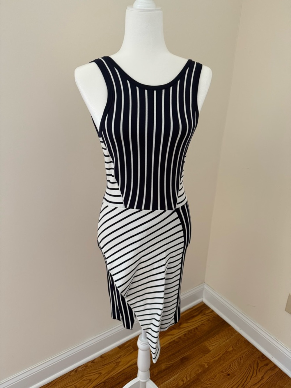 Parker Black and White Asymmetrical Striped Midi Dress